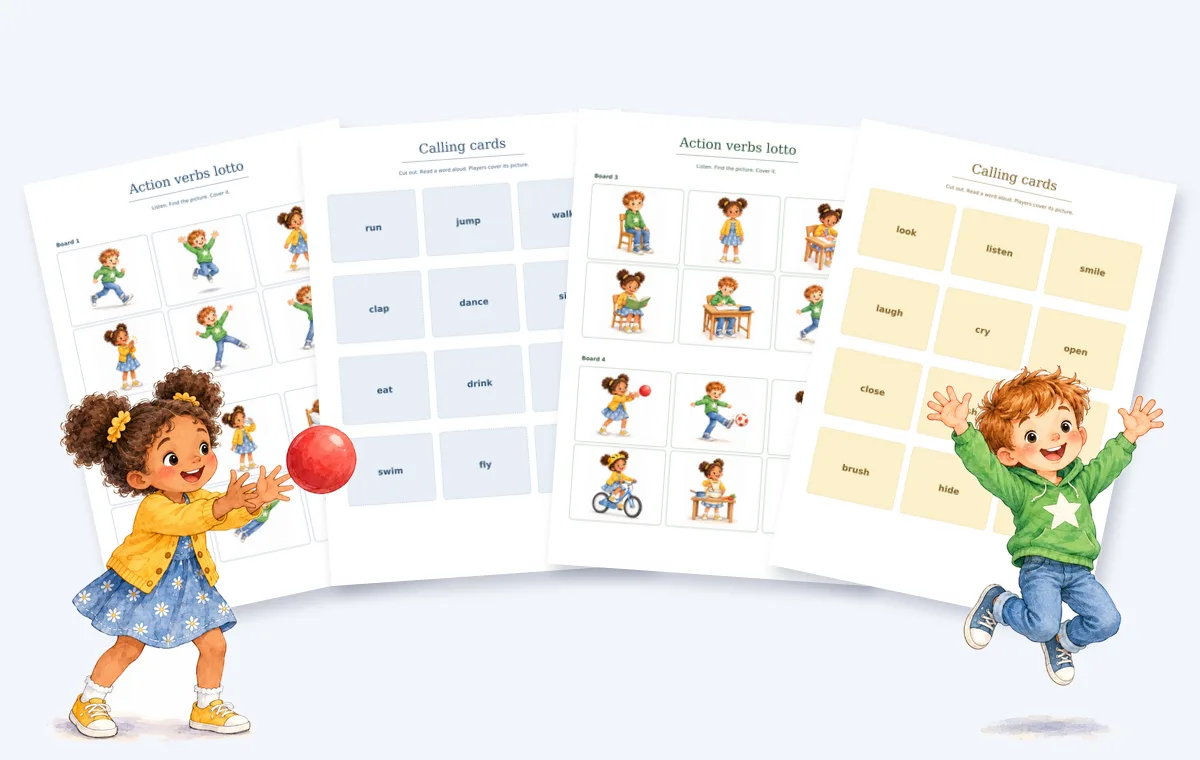 Листы лото «Action verbs»: игровые поля с картинками и карточки ведущего