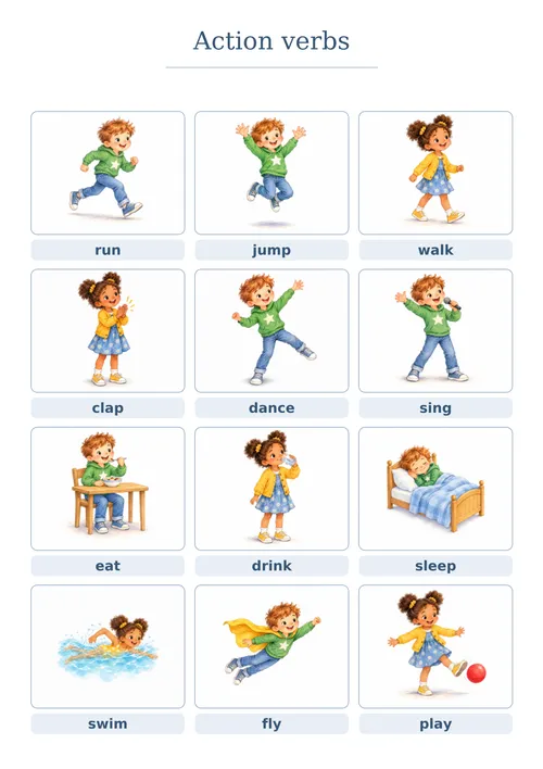 Плакат «Action verbs», синий плакат: 12 глаголов действия с картинками