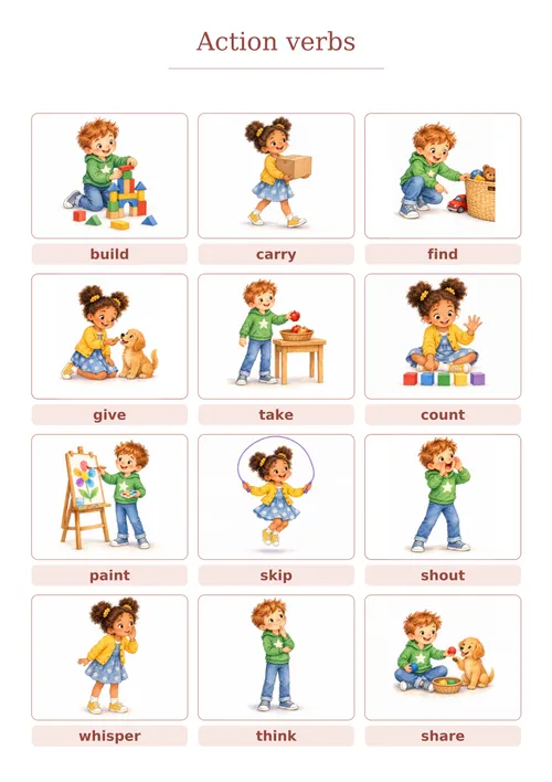 Плакат «Action verbs», красный плакат: 12 глаголов действия с картинками
