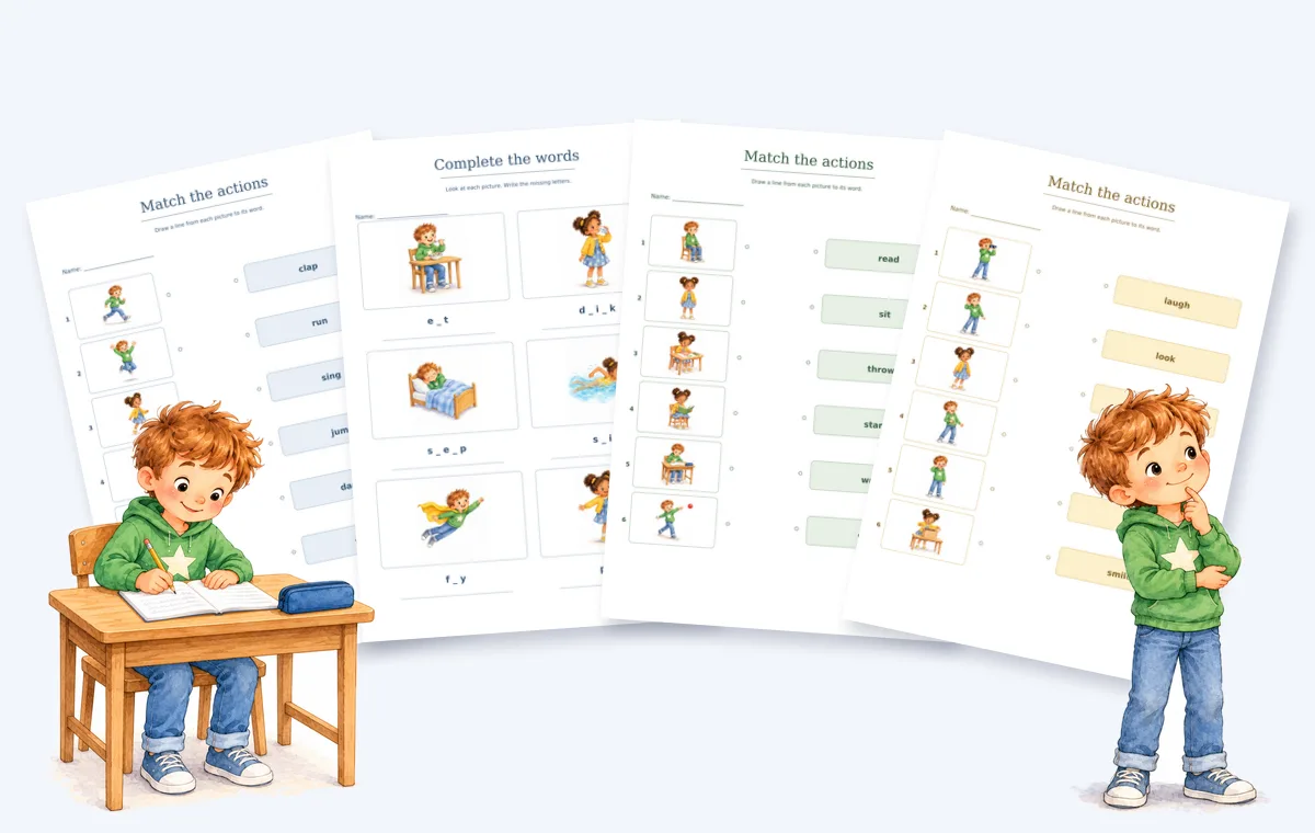 Рабочие листы «Action verbs»: соедини картинку со словом, впиши буквы