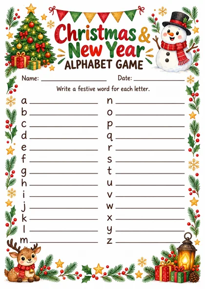 Бланк Christmas & New Year Alphabet Game: буквы от a до z и строчки для слов, акварельная рамка с ёлкой, снеговиком, оленёнком, подарками и фонарём