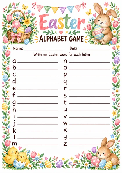 Бланк Easter Alphabet Game: буквы от a до z и строчки для слов, акварельная рамка с зайчиками, цыплятами, корзинкой крашеных яиц и тюльпанами