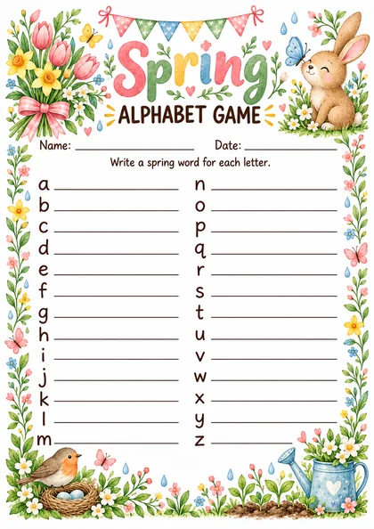 Бланк Spring Alphabet Game: буквы от a до z и строчки для слов, акварельная рамка с тюльпанами, нарциссами, зайчиком, малиновкой в гнезде и лейкой