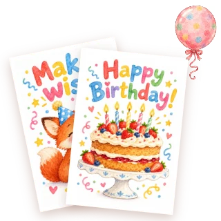 Открытки Happy Birthday с тортом и лисёнком, воздушный шарик