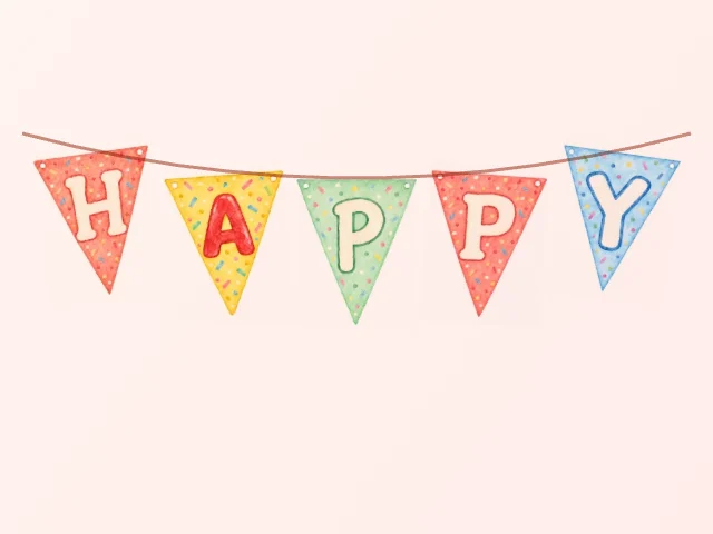Гирлянда HAPPY BIRTHDAY - 15 флажков: по букве на листе, плюс торт и шарик