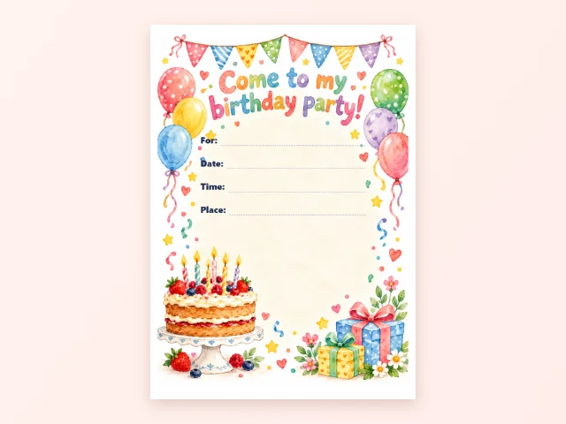 Приглашение - Come to my birthday party! - с графами For, Date, Time, Place
