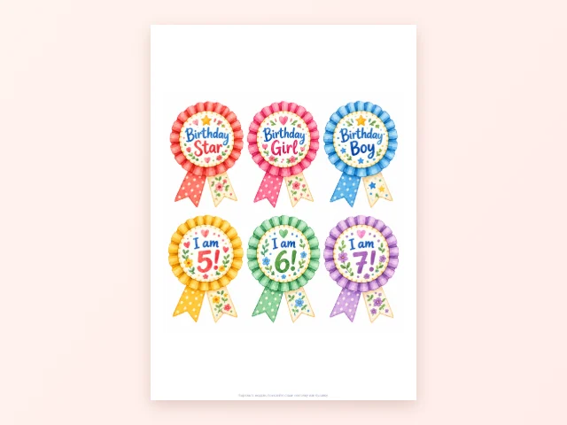 Медали-розетки - Birthday Star, Birthday Girl, Birthday Boy, I am 5!, 6!, 7!…