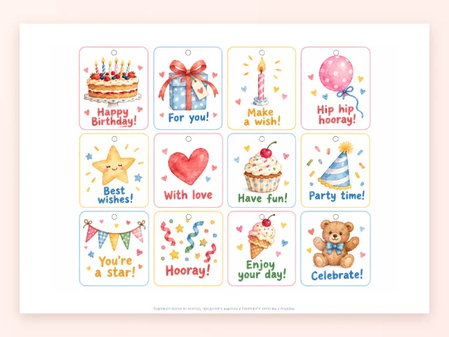 Бирки для подарков - 12 бирок: Happy Birthday!, For you!, Make a wish!, Have fun!…