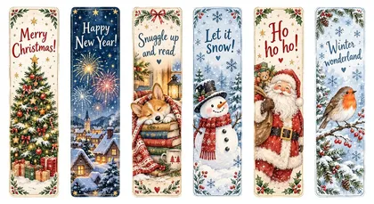 Шесть новогодних закладок: Merry Christmas, Happy New Year, Snuggle up and read, Let it snow, Ho ho ho, Winter wonderland