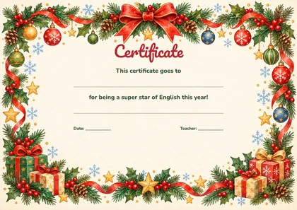 Новогодняя грамота Certificate на английском в рамке из ёлочных игрушек