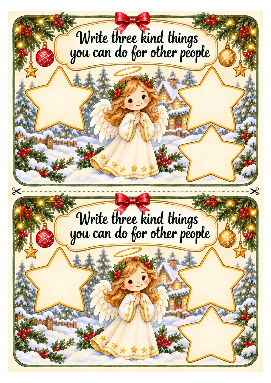 Рабочий лист адвент-календаря: Write three kind things you can do for other people - ангел и три звезды для ответов
