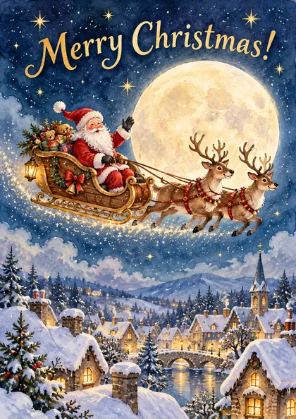 Открытка Merry Christmas: Санта на санях с оленями над заснеженной деревней