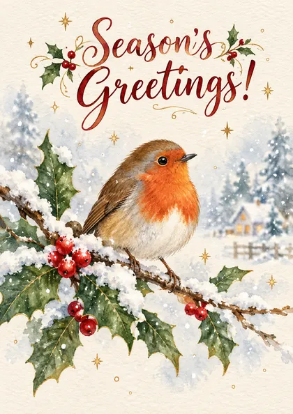 Открытка Season's Greetings: малиновка на ветке остролиста