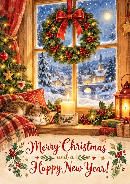 Открытка Merry Christmas and a Happy New Year: окно со свечой и венком