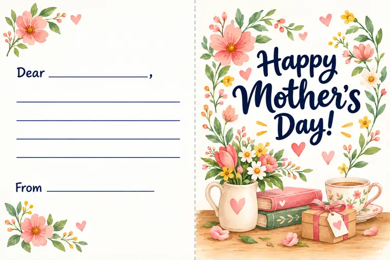 Открытка Happy Mother’s Day: разворот со строчками Dear и From и обложка с цветами, книгами и подарком