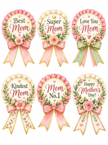 Медали-розетки: Best Mom, Super Mom, Love You Mom, Kindest Mom, Mom No.1, Happy Mother’s Day