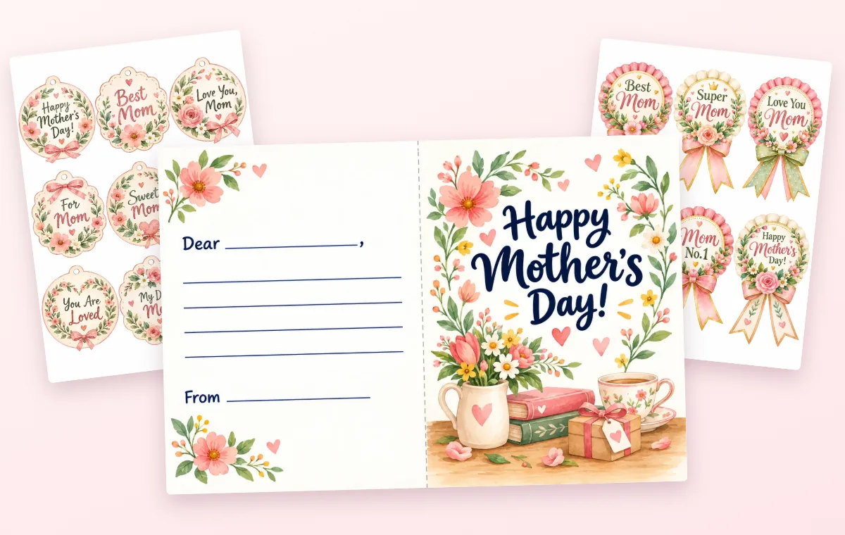 Набор ко Дню матери: открытка Happy Mother’s Day, бирки на подарок и медали-розетки Best Mom
