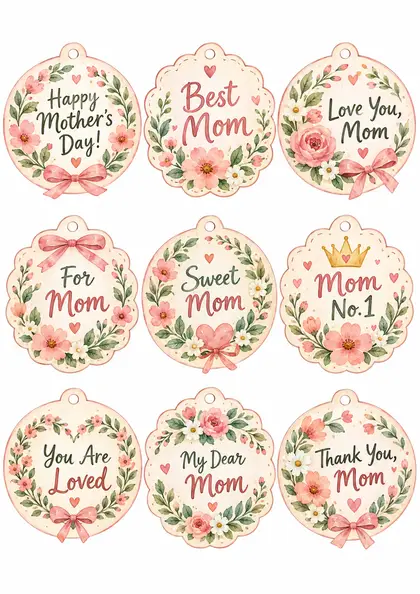 Лист бирок: Happy Mother’s Day, Best Mom, Love You Mom, For Mom, Sweet Mom, Mom No.1, You Are Loved, My Dear Mom, Thank You Mom