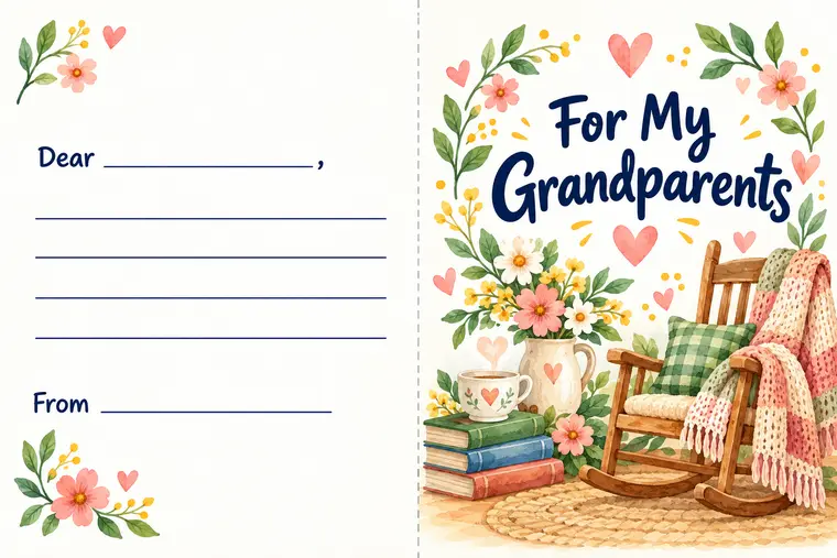 Открытка For My Grandparents: разворот со строчками Dear и From и обложка с креслом-качалкой и цветами