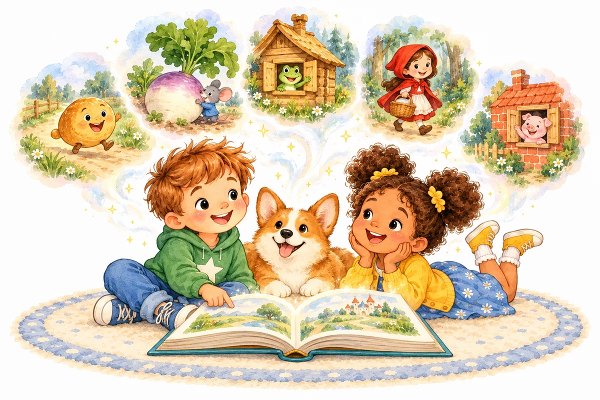 Ollie, Mia и корги Biscuit читают большую книгу сказок, над ней - Колобок, Репка, Теремок, Красная Шапочка и дом поросёнка
