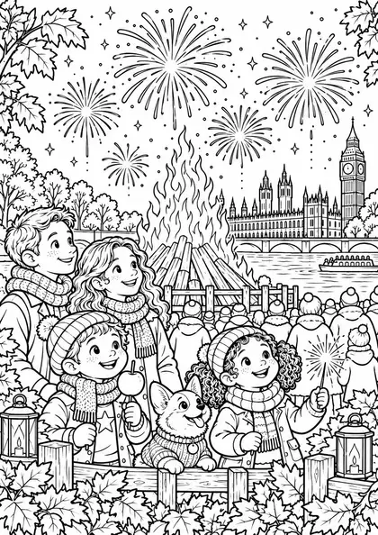 Раскраска Bonfire Night: костёр, фейерверк над парламентом и семья с детьми