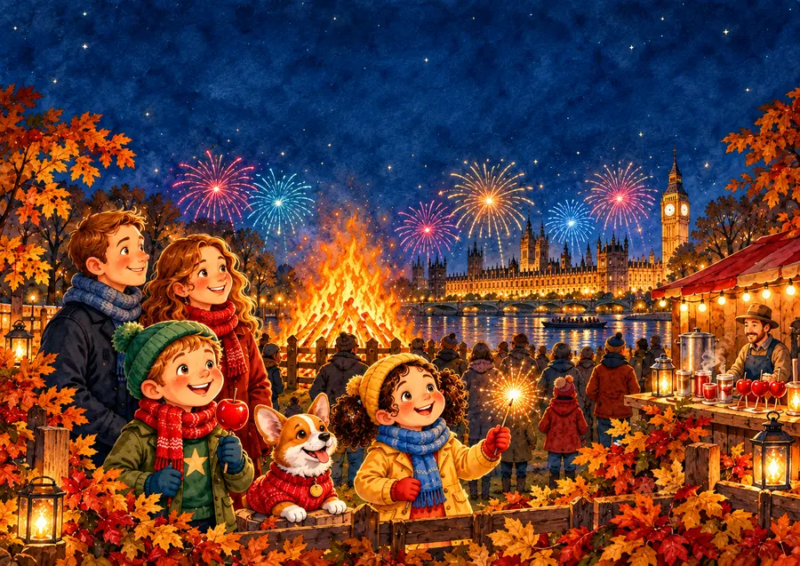 Bonfire Night: семья с детьми и корги у костра в парке, фейерверк над зданием парламента в Лондоне