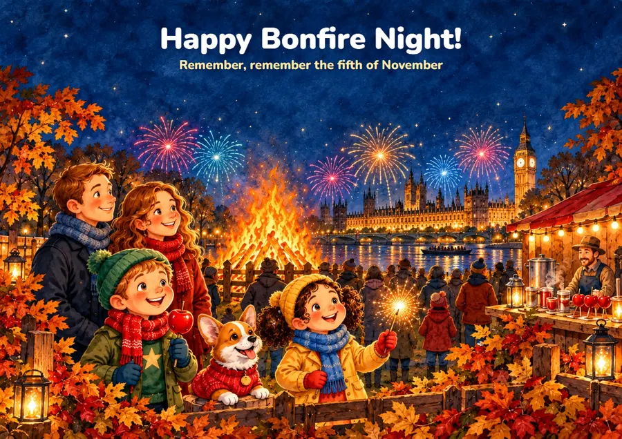 Плакат Happy Bonfire Night: семья с детьми и корги у костра, фейерверк над Темзой и парламентом