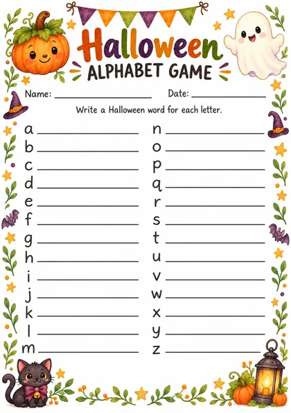 Бланк Halloween Alphabet Game: буквы от a до z и строчки для слов, акварельная рамка с тыквой, привидением и чёрной кошкой