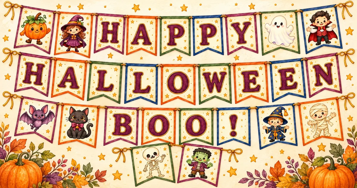 Гирлянды из флажков HAPPY HALLOWEEN и BOO! с героями Хэллоуина: тыквой, ведьмочкой, привидением, вампиром, летучей мышью, кошкой, волшебником, мумией, скелетом и монстром