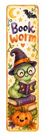 Закладка на Хэллоуин: Book worm - книжный червячок в шляпе ведьмы