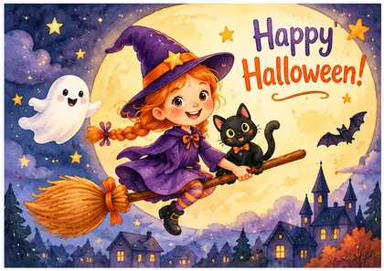 Открытка Happy Halloween: ведьмочка на метле на фоне луны