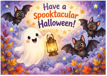 Открытка Have a spooktacular Halloween: привидение и летучие мыши