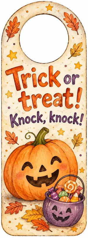 Табличка на дверь: Trick or treat! Knock, knock! - тыква и ведёрко с конфетами