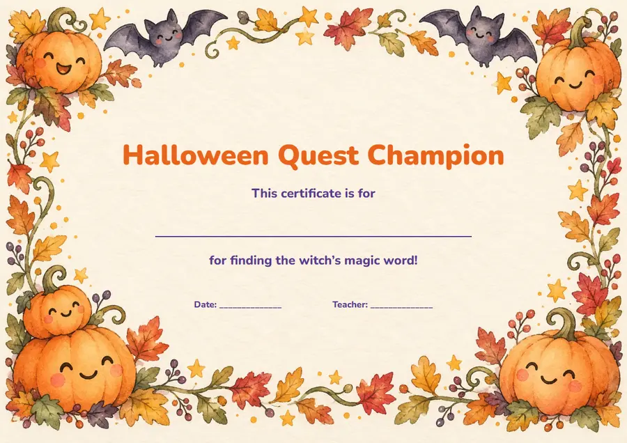 Грамота Halloween Quest Champion в акварельной рамке с тыквами