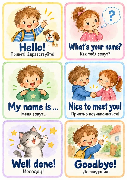 Карточки с фразами: Hello! - Привет! Здравствуйте!; What’s your name? - Как тебя зовут?; My name is … - Меня зовут …; Nice to meet you! - Приятно познакомиться!; Well done! - Молодец!; Goodbye! - До свидания!