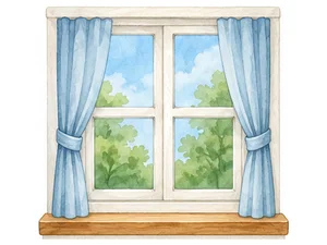 a window with blue curtains
