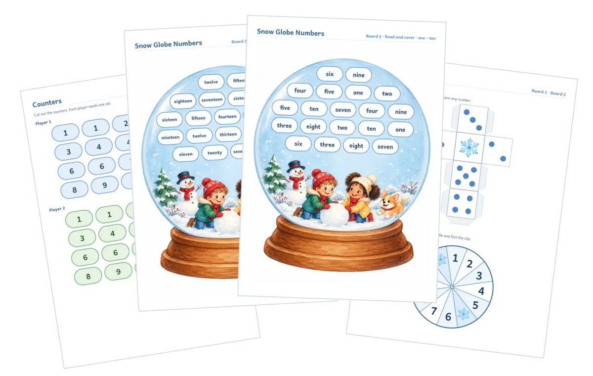 Листы игры Snow Globe Numbers: поля-снежные шары со словами, фишки с цифрами, кубик и волчок