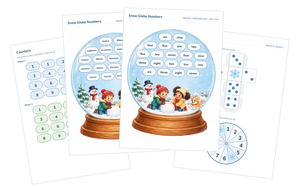 Листы игры Snow Globe Numbers: поля-снежные шары со словами, фишки с цифрами, кубик и волчок