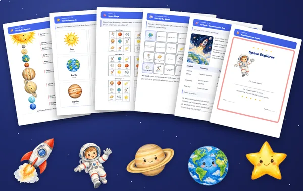 Листы комплекта Space Pack: плакат с планетами, флэшкарты, бинго, игра Race to the Moon, лист о Гагарине и грамота