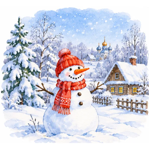 winter: a snowman and a snowy village